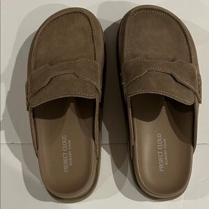 Project Cloud “Foamy” clog slip ons. Suede taupe. New only tried on. Size 7.5M